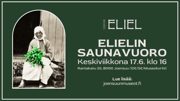 Vihreä tausta jonka edessä vanha nainen saunavihdan kanssa