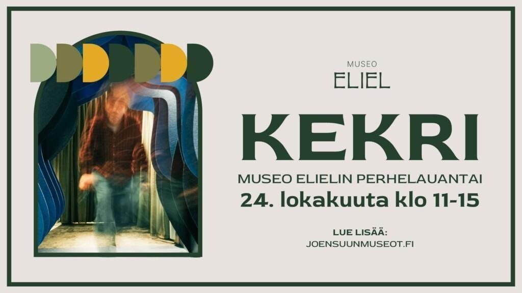 Sana "kekri" harmaalla pohjalla jonka vieressä vasemmalla puolella kuva hämyisestä hahmosta.